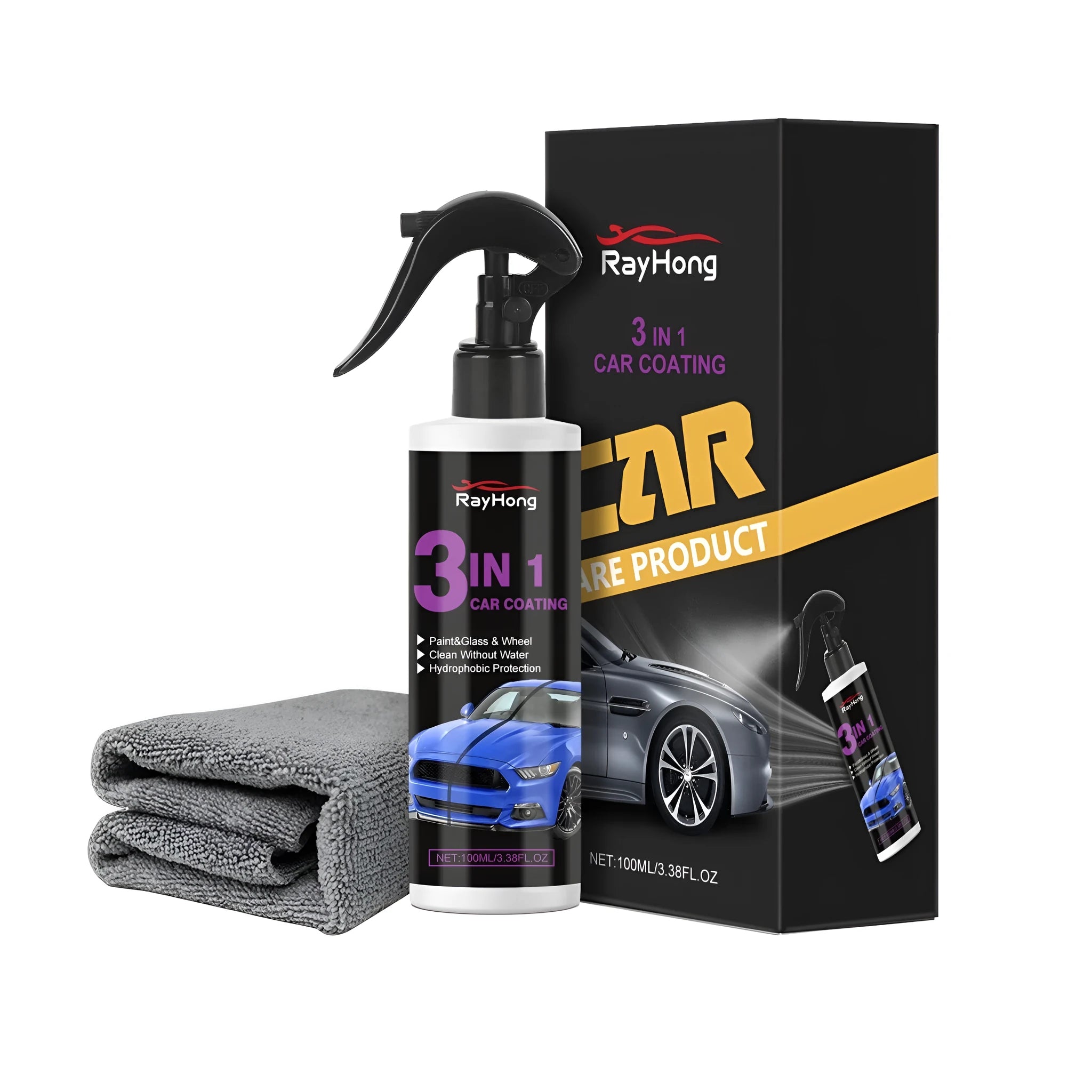 3 In 1 Car Paint Spray 100ml with polytetrafluoroethylene coating, microfiber towel, and scratch repair formula
