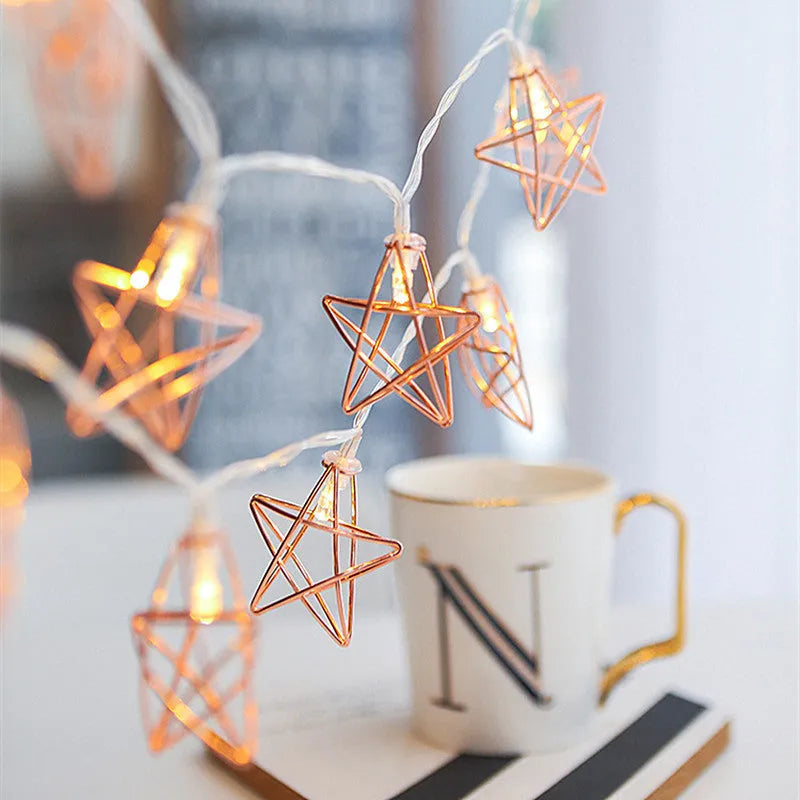 Rose gold five pointed star LED lamp string with 10 lights on 1.5m wire for indoor decoration