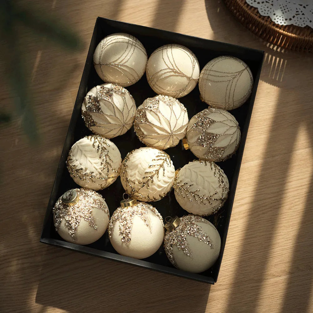 Flocked Christmas ball pendants in wine red, milky white, and Maillard, supplied in a 12-piece paper box