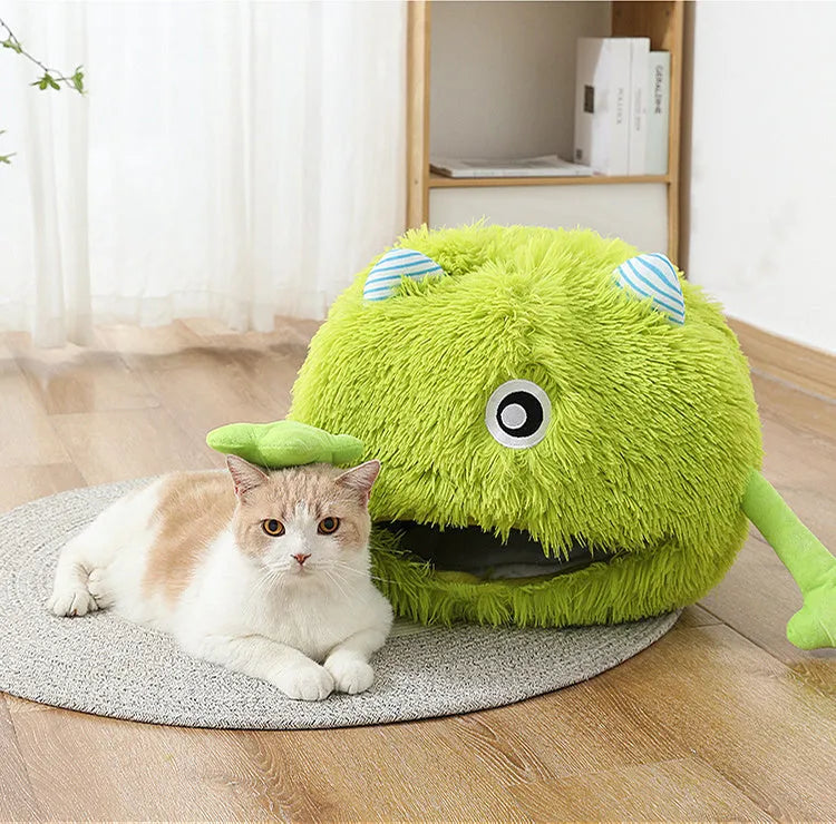 Round soft plush cat bed with a non-slip base, shown in three size options.