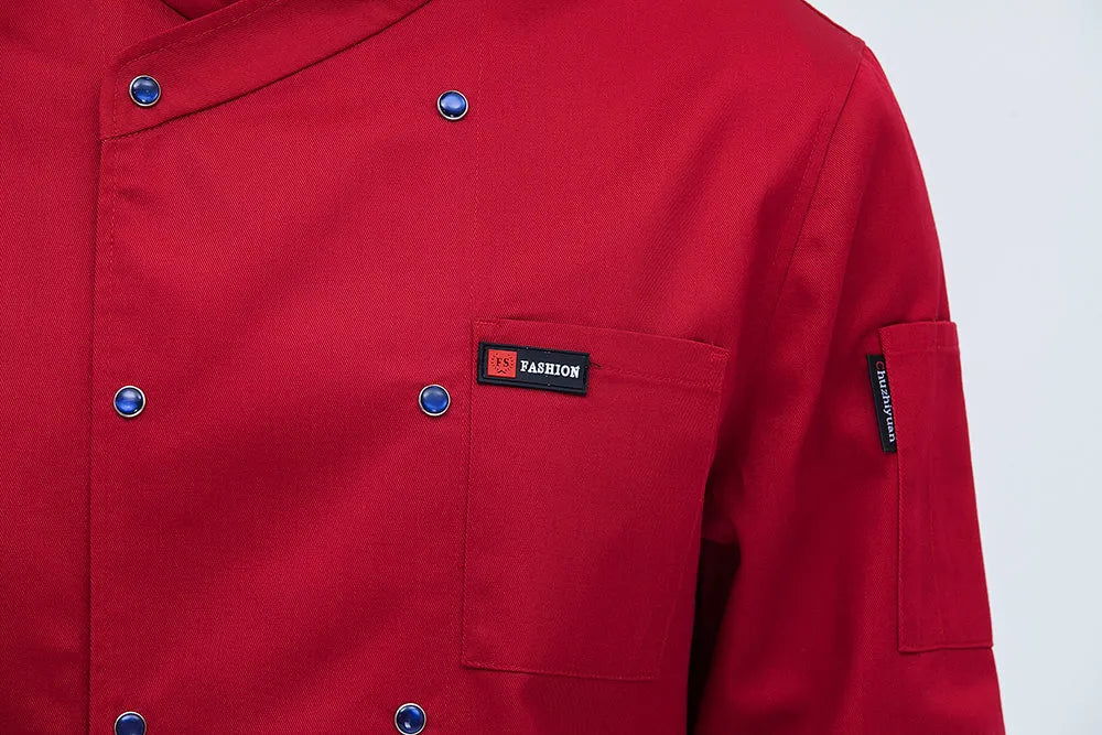 New style long sleeved cotton chef's coat for men in white, professional kitchen workwear with button front