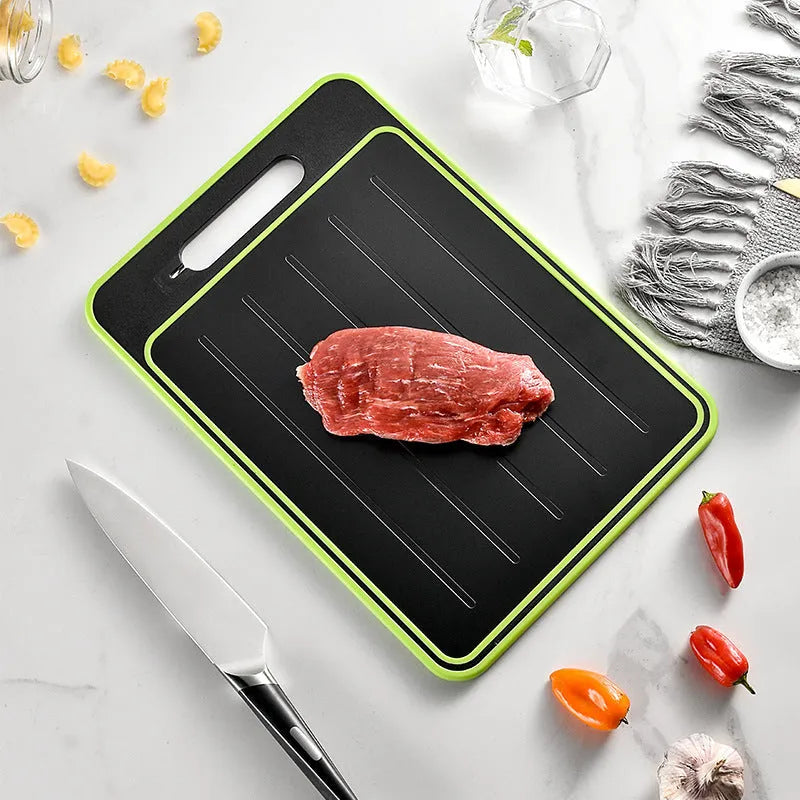 Grey square aluminium cutting board with double-sided design and integrated knife sharpener