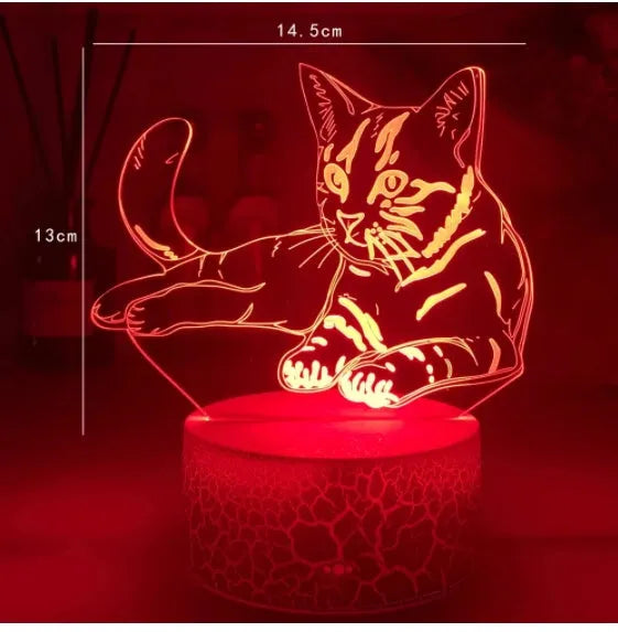 Cat Series 3D acrylic desk lamp with USB cable on black base showing colourful gradient light