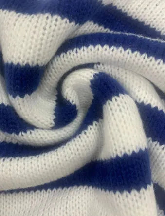 Sapphire blue striped acrylic pullover sweater with loose fit and round neck
