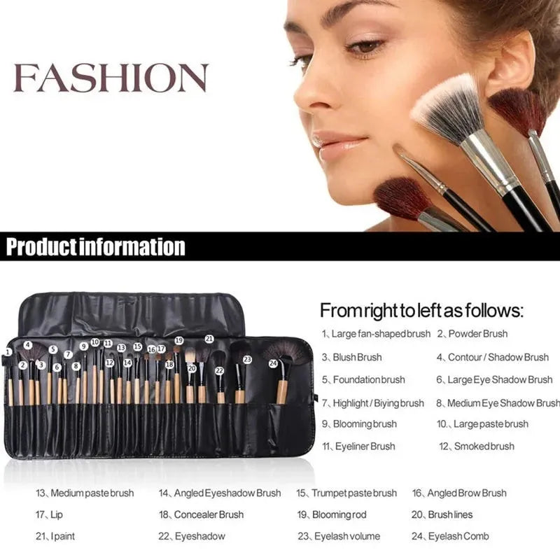 24-piece professional makeup brush set with wooden handles in a black PU gift bag.