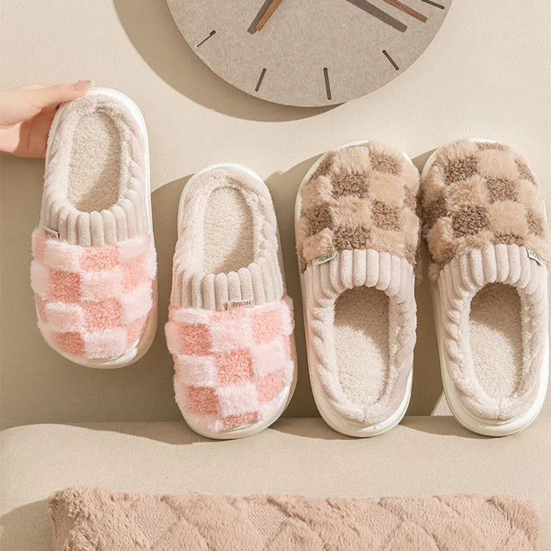 Women's plush indoor slipper in a choice of colours, showing round toe design, coral velvet upper, and textured non-slip PVC sole.
