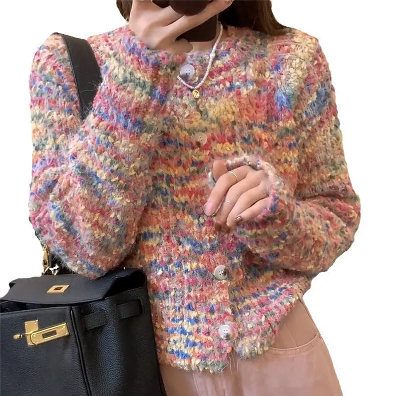 Pink and green rainbow pattern knitted cardigan sweater in retro gentle idle style
