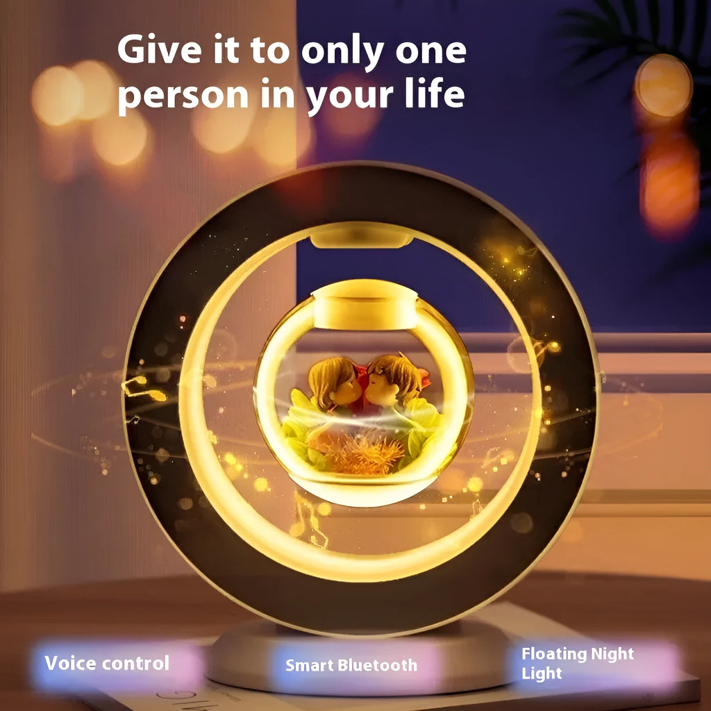 Magnetic suspension preserved fresh flower Bluetooth audio with warm light, round base, transparent PET ball, 12V 6W