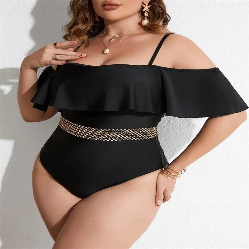 Black women's one-piece swimsuit on a mannequin, shown from the front.