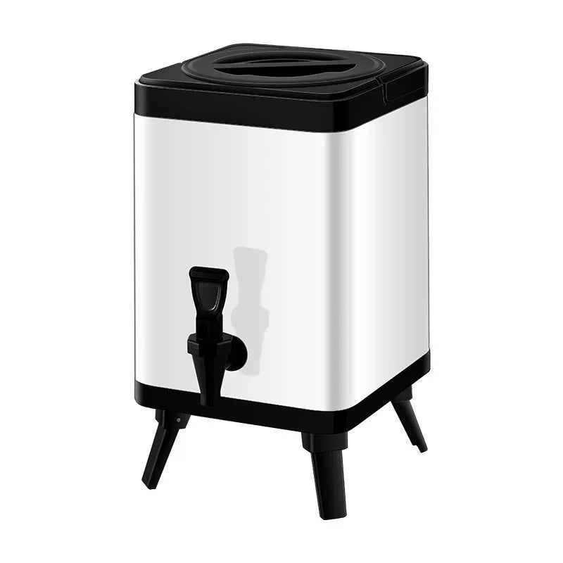 Silver stainless steel milk tea bucket with square lock lid, 8-litre capacity for commercial use