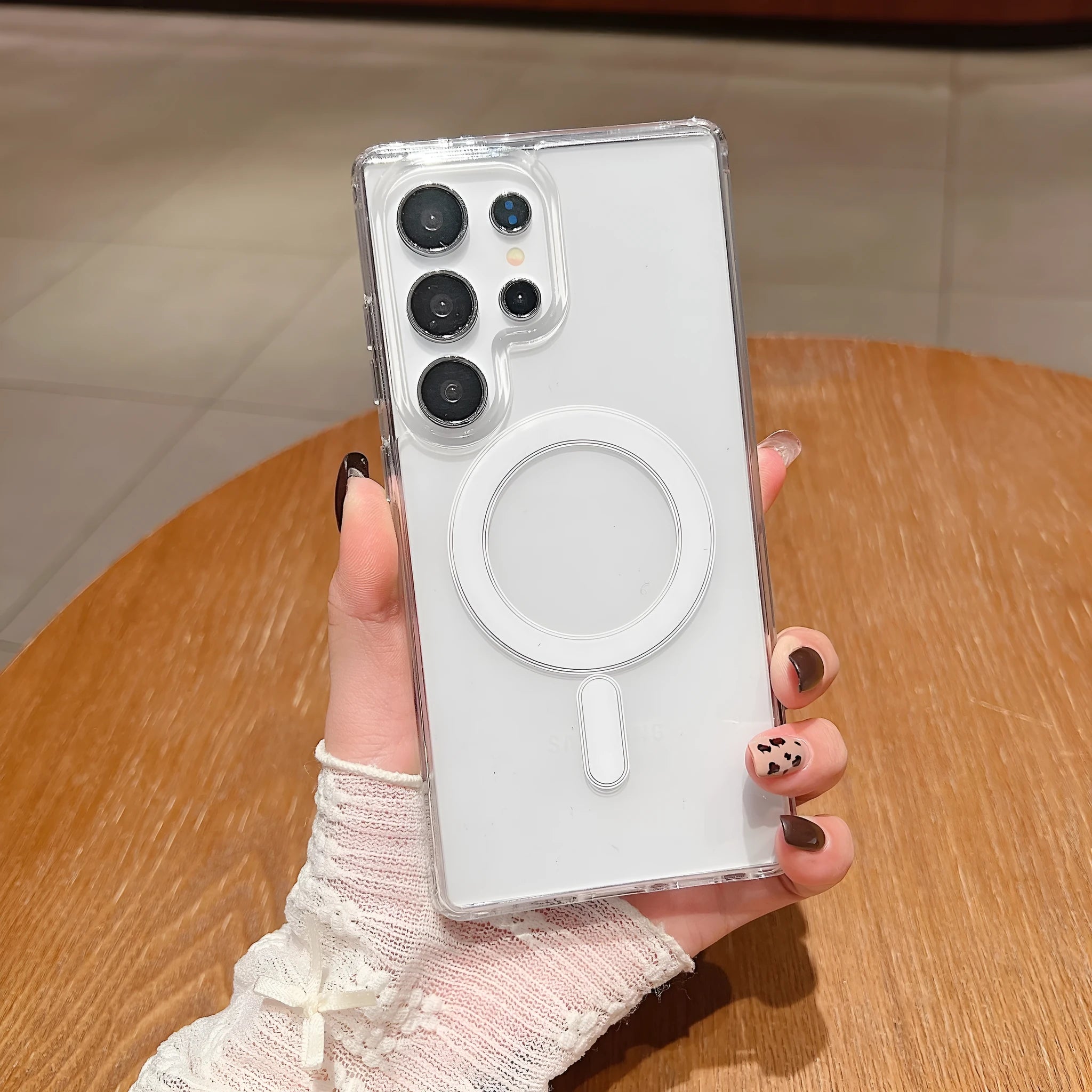 Transparent magnetic silicone phone case for Samsung Galaxy smartphones showing clear design with device inside