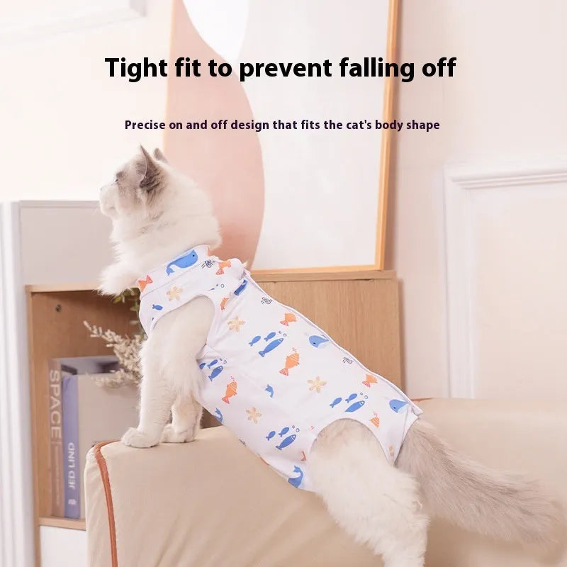 A cat wearing a printed polyester recovery suit with Velcro fastening on its side.
