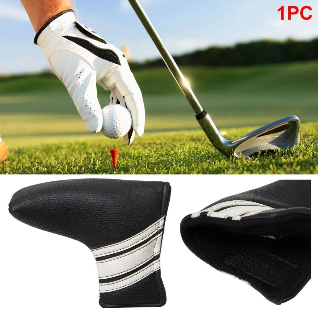 Black PU leather golf putter cover sleeve for club head protection.