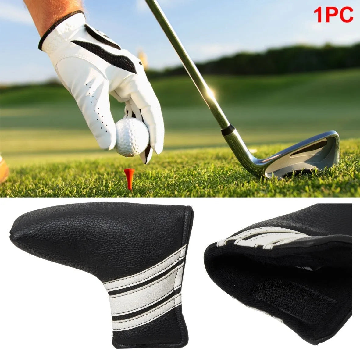 Black PU leather golf putter cover sleeve for club head protection.