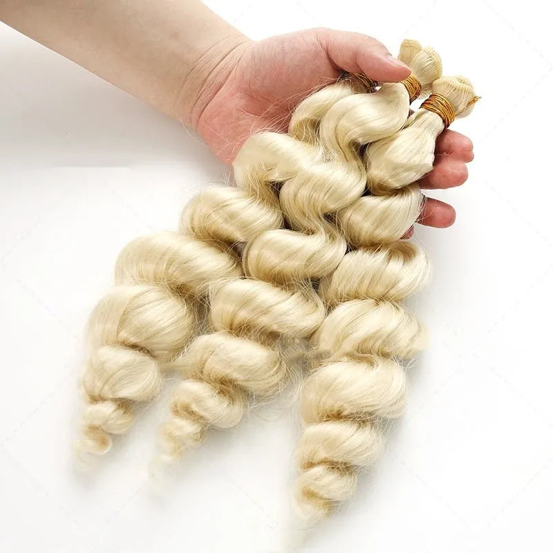 Golden synthetic hair weft wig for women, shown in 18, 20, and 22 inch lengths.