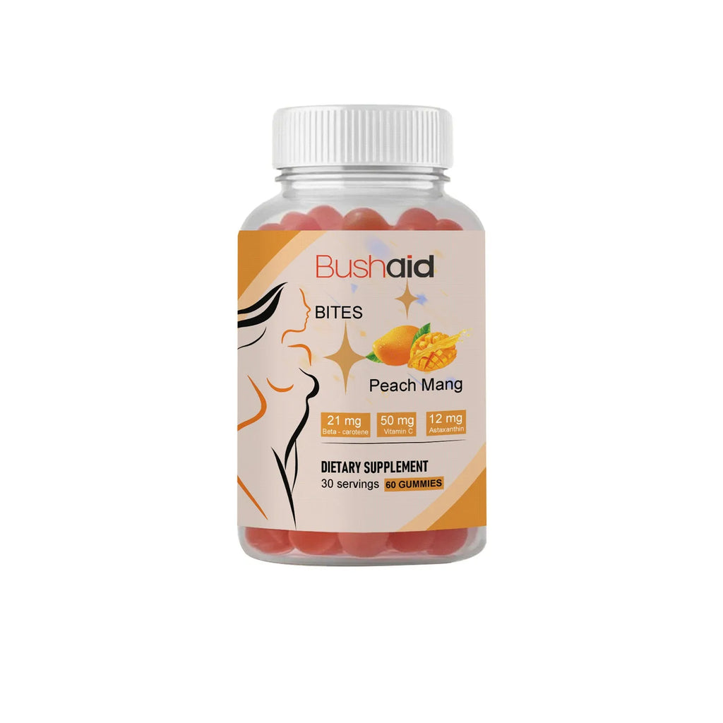 BUSHAID Tanning Gummy Candies dietary supplement bottle showing 60 vegan soft gummies with astaxanthin.