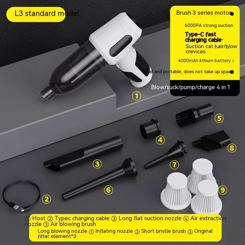 Black cordless handheld car vacuum cleaner with attachments on a grey car seat.