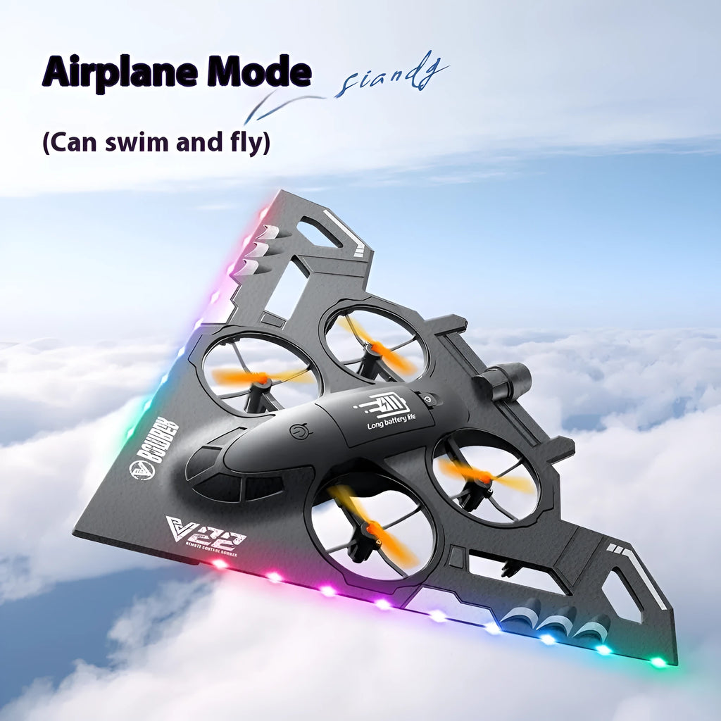 Remote control sea land and air aircraft model in black or gray, plastic, under 30cm, with remote and spare propellers