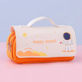 Large-capacity canvas pencil case with hand-painted planet pattern in blue