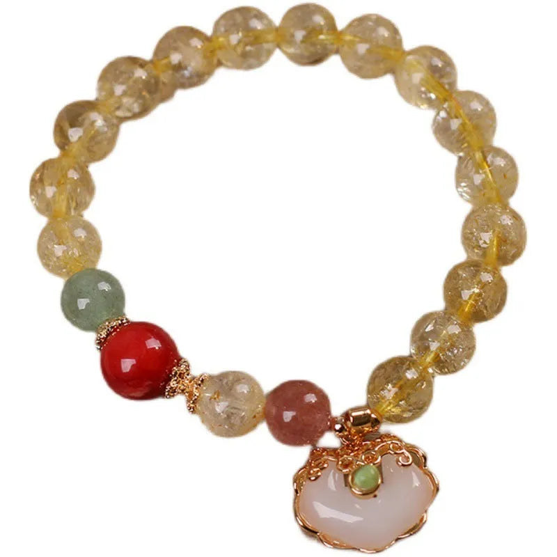 Women's bracelet with natural citrine jade ruyi pendant in yellow hair crystal colour on alloy band