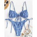 Women's printed multi-rope banded bikini swimsuit with short sleeves and lapel collar in blue or pink