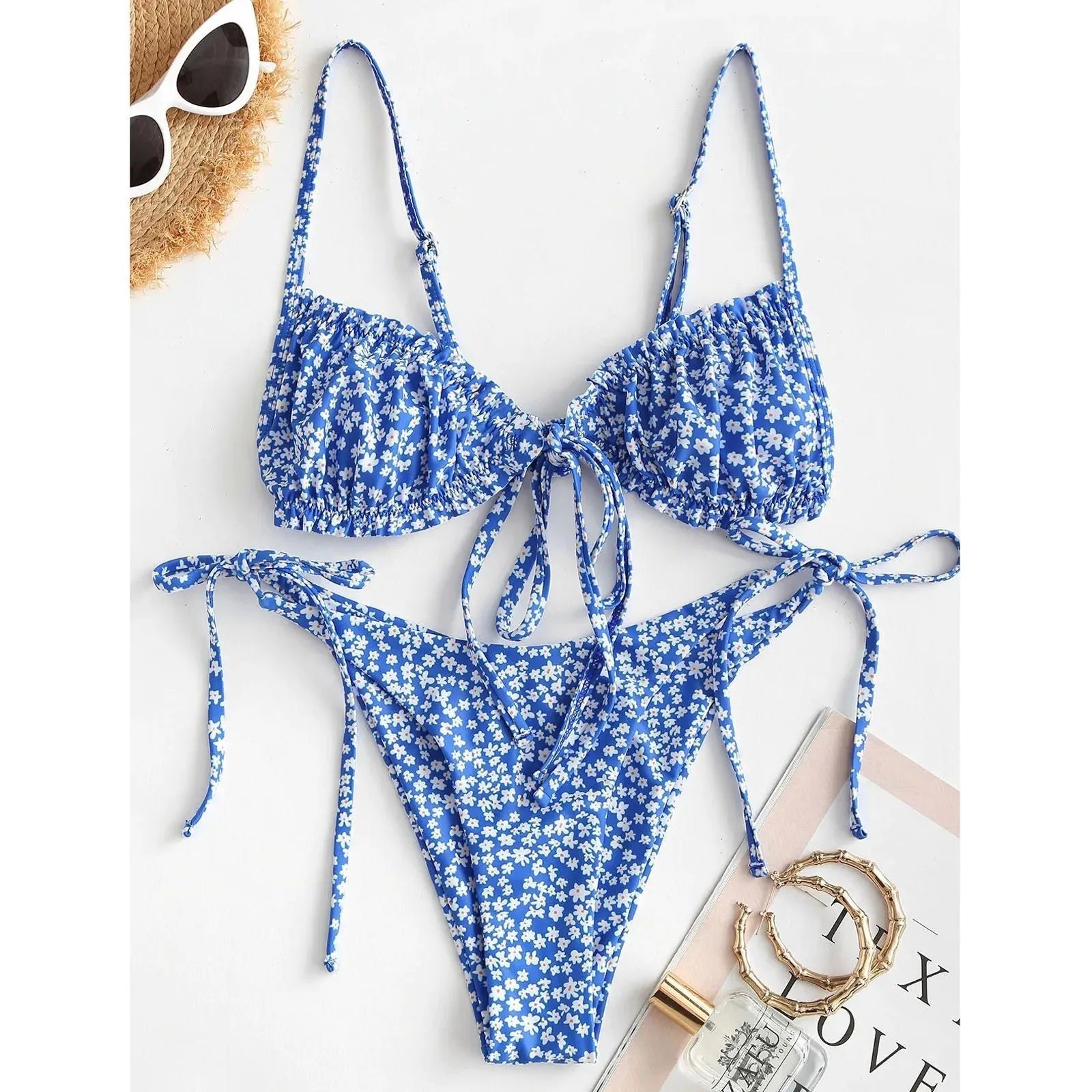 Women's printed multi-rope banded bikini swimsuit with short sleeves and lapel collar in blue or pink