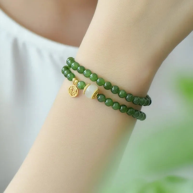Women's double circle Hetian jade bracelet with geometric 6mm beads and fu character charm