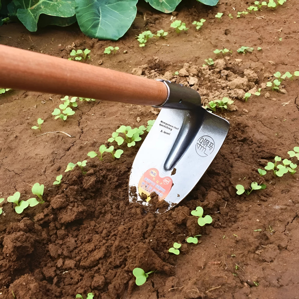 Agricultural flat pointed hoe with a steel horse tip, made from manganese steel.
