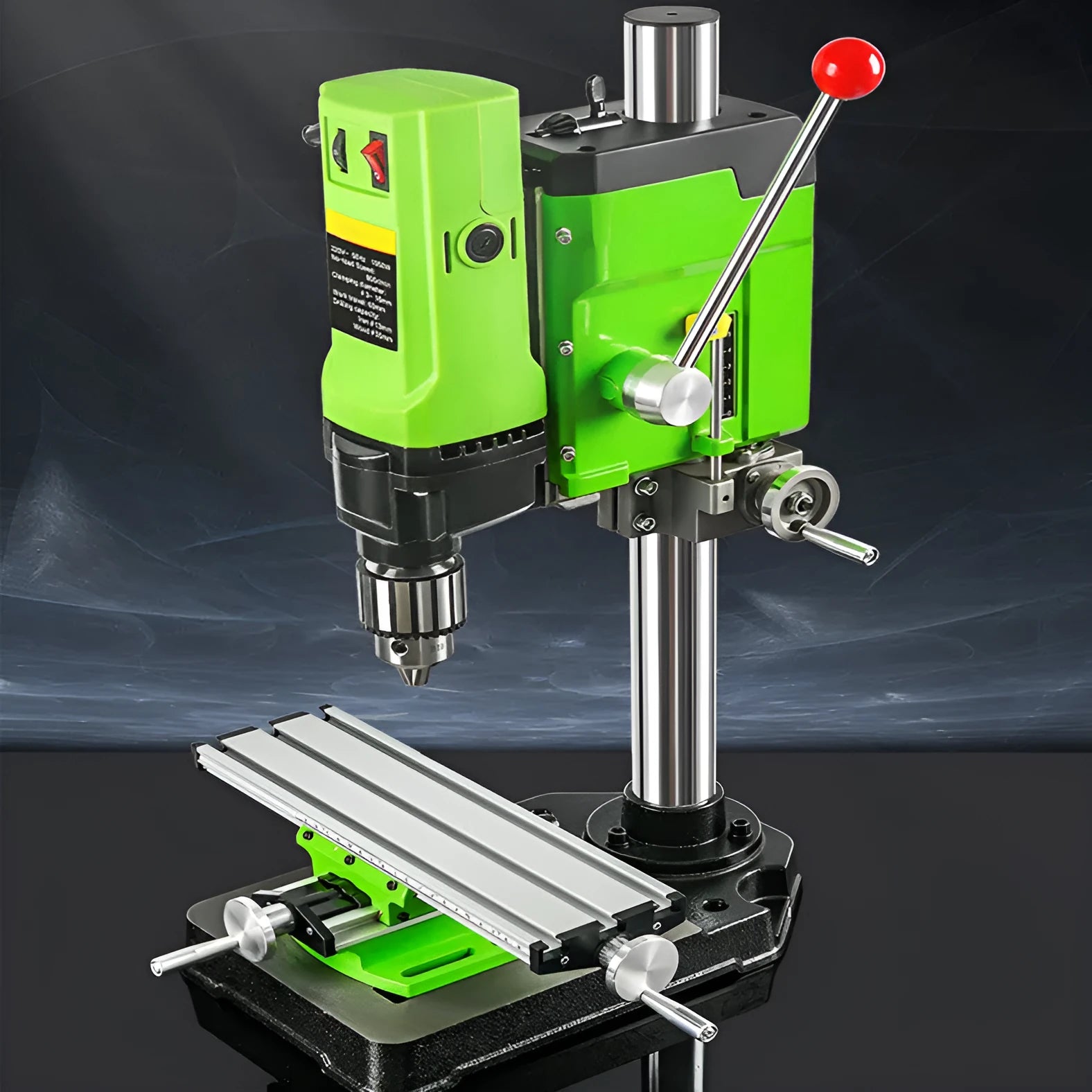 Mini bench drill and milling machine on a workbench with bench pliers.