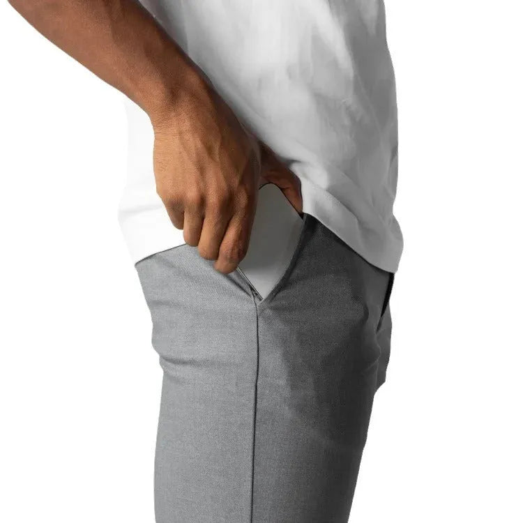 Men's grey straight-leg cotton blend business trousers with elastic waist and zip fly