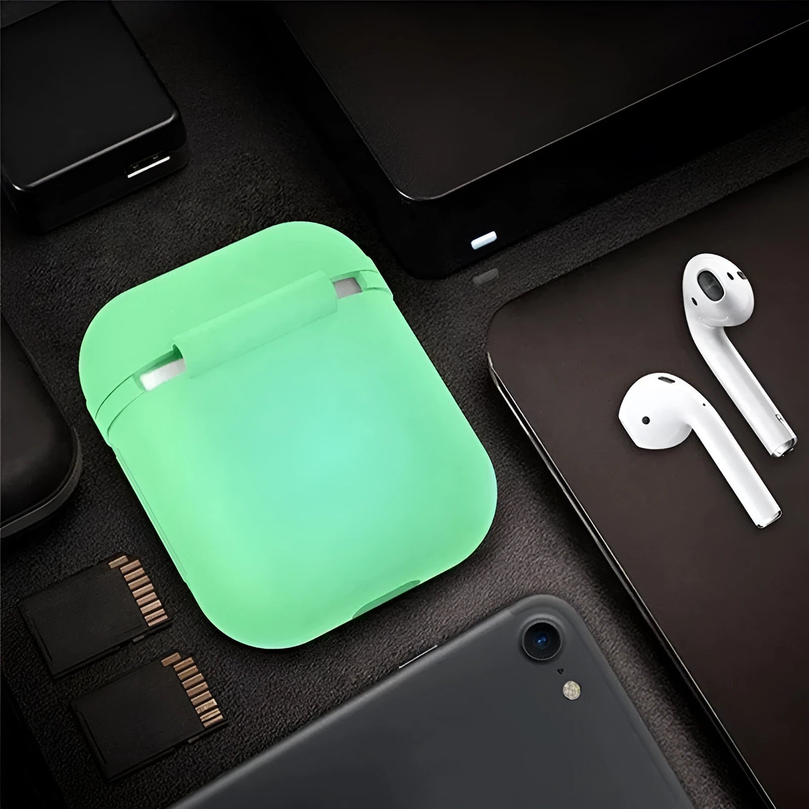 Luminous solid colour silicone flip-top protective case for AirPods.