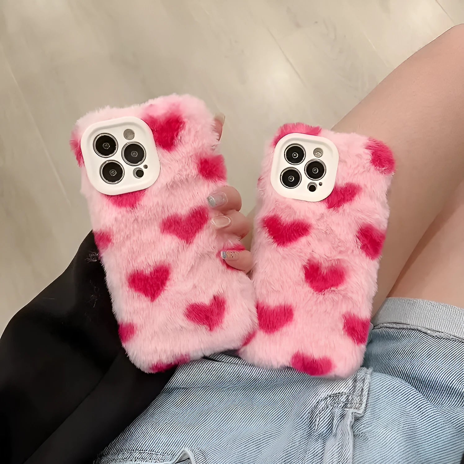 Pink silicone iPhone case featuring a Love Plush cartoon design on the back.