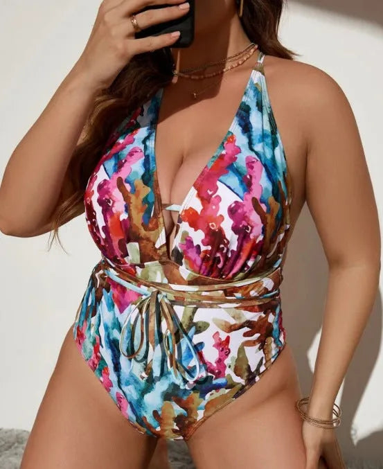 Solid colour purple one-piece halter swimsuit for adult women in briefs style