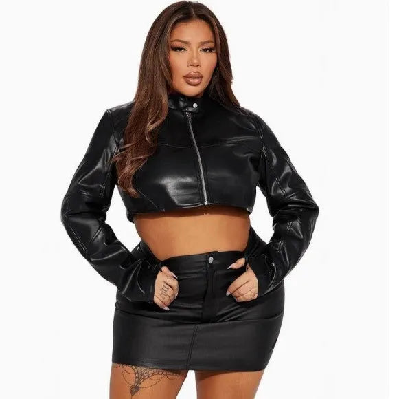 Women's cropped black PU leather biker jacket with zippers, ultra-short length, slim fit