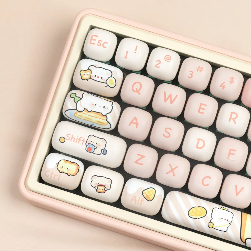 MOG profile PBT keycap set with bread bear thermal sublimation artwork showing 143+3 keys