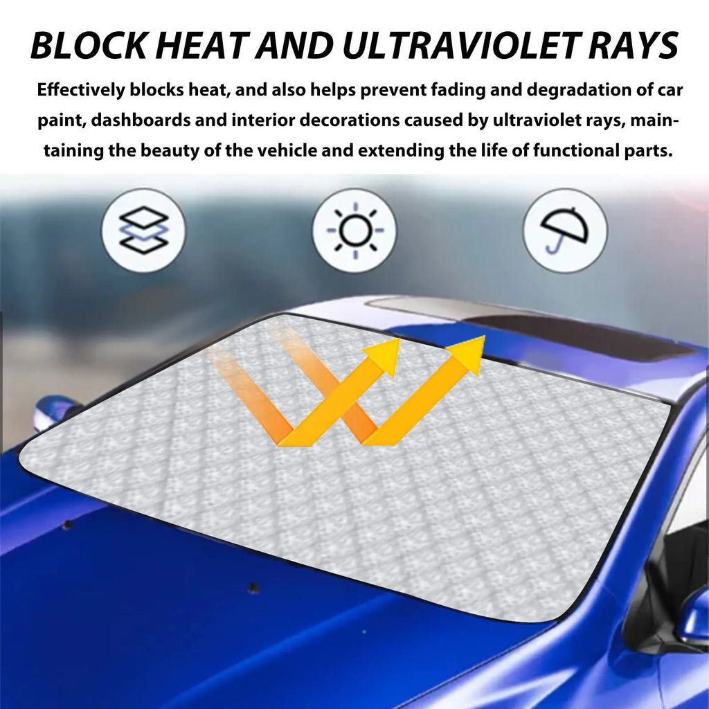 Car windshield snow cover made of silver aluminium film and nylon, size 140cm by 95cm.