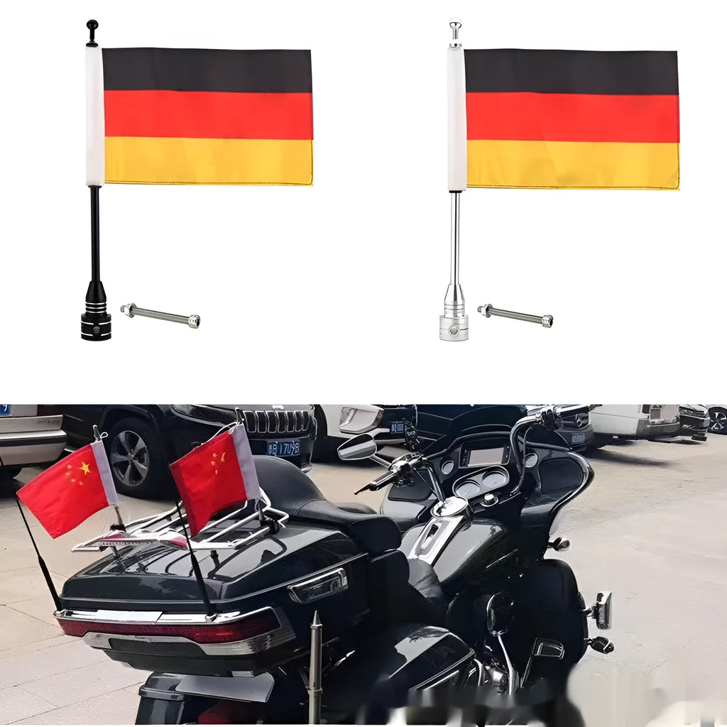 Black and silver chrome vehicle tail box flagpole for mounting on bumpers or luggage racks.
