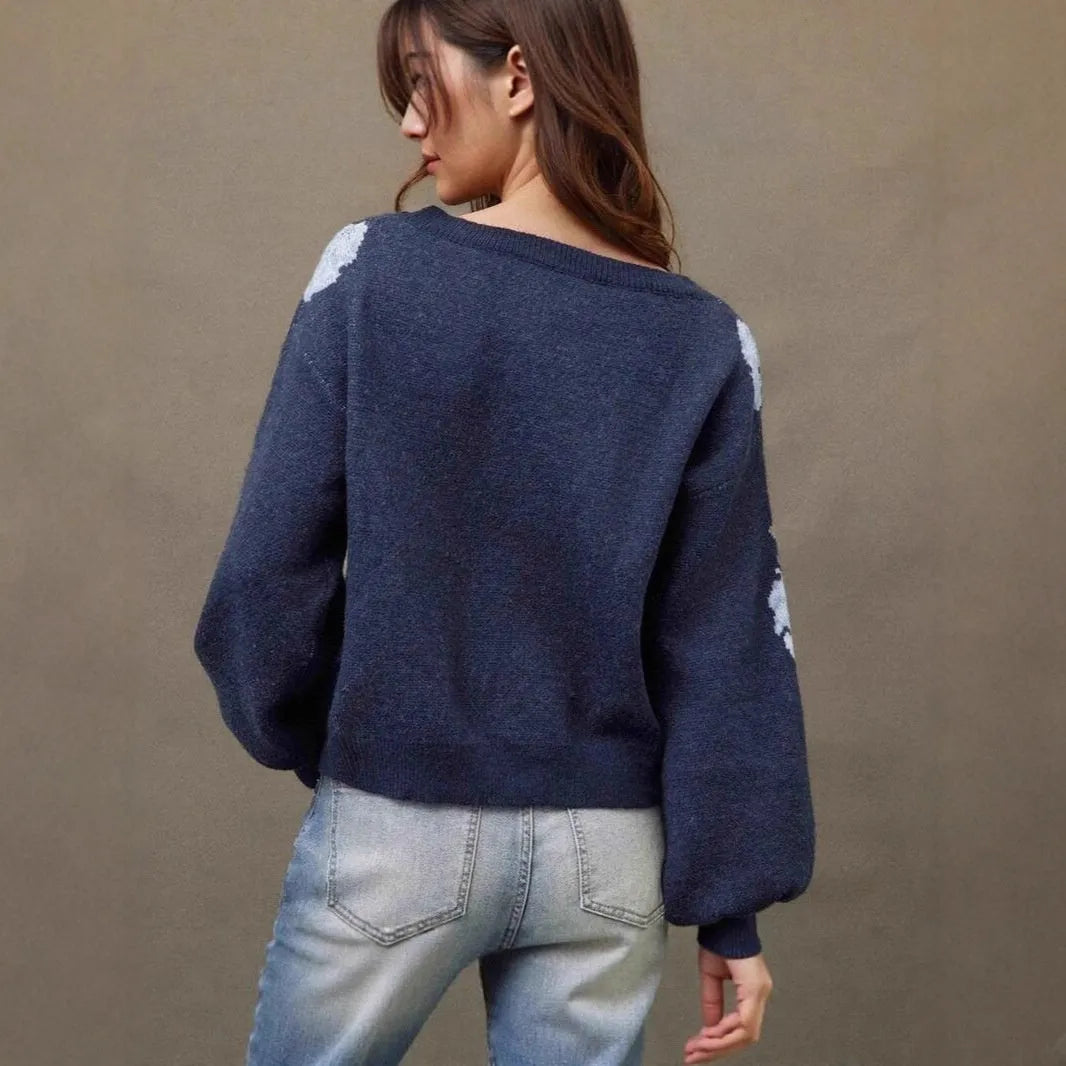 Women's sapphire blue off-neck pullover with floral jacquard pattern and loose casual fit
