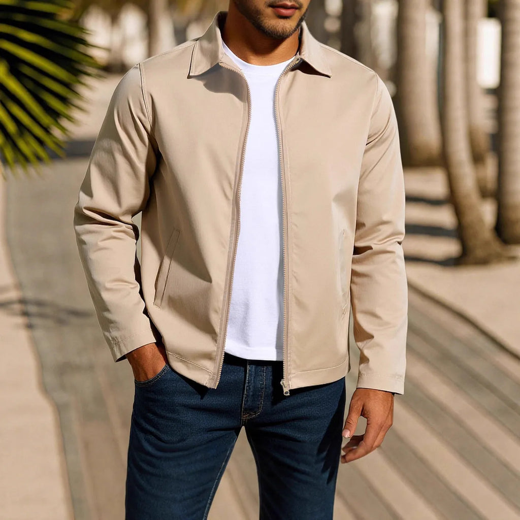 Men's zip-front cardigan jacket with raglan sleeves in emerald green, shown on a model.