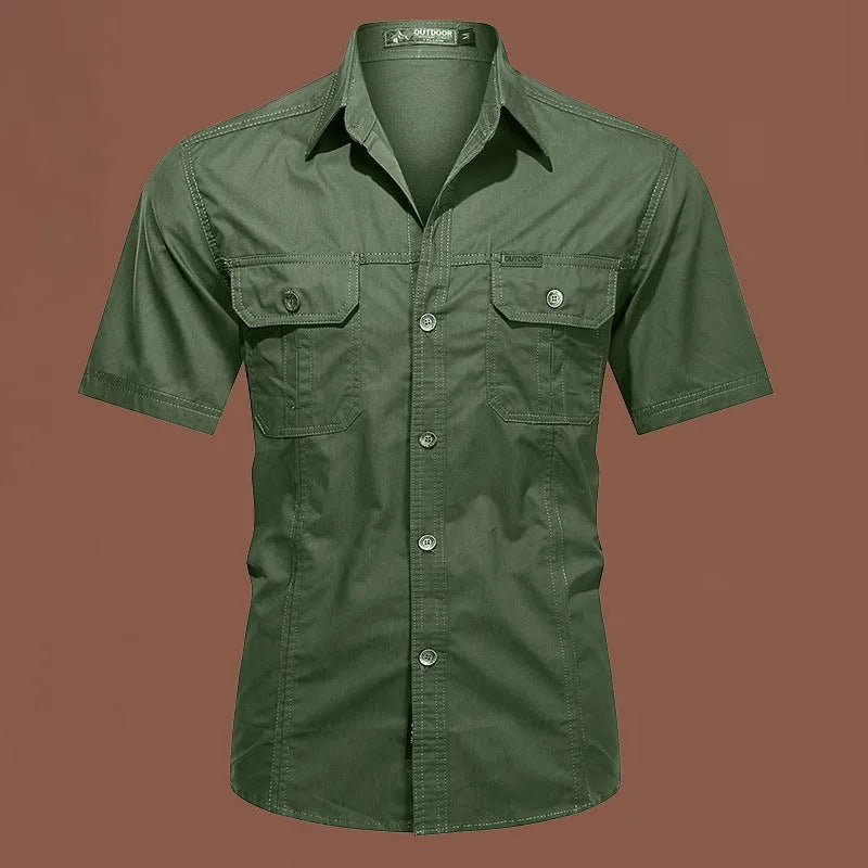 Men's short sleeve cotton work shirt in a loose cardigan style, shown in army green colour.