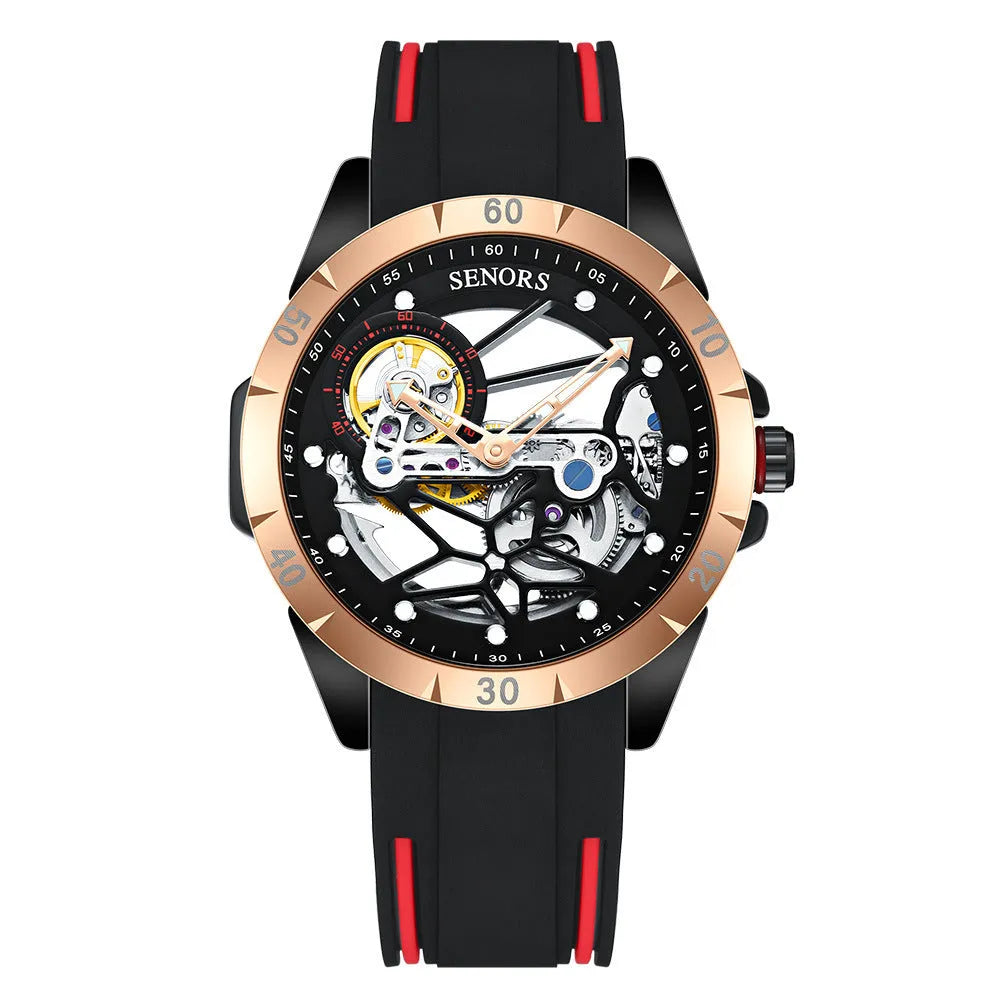 Men's rose gold skeleton automatic watch showing mechanical movement through hollow dial on wrist