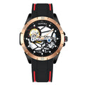 Men's rose gold skeleton automatic watch showing mechanical movement through hollow dial on wrist