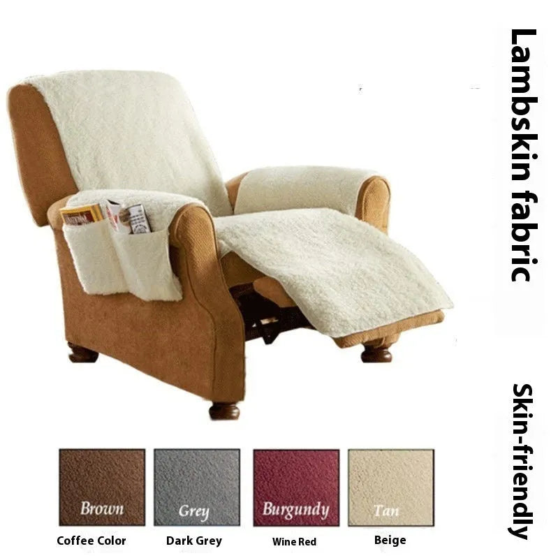 Polyester sofa cushion slipcover in a lamb wool colour on a sofa, showing its universal fit.