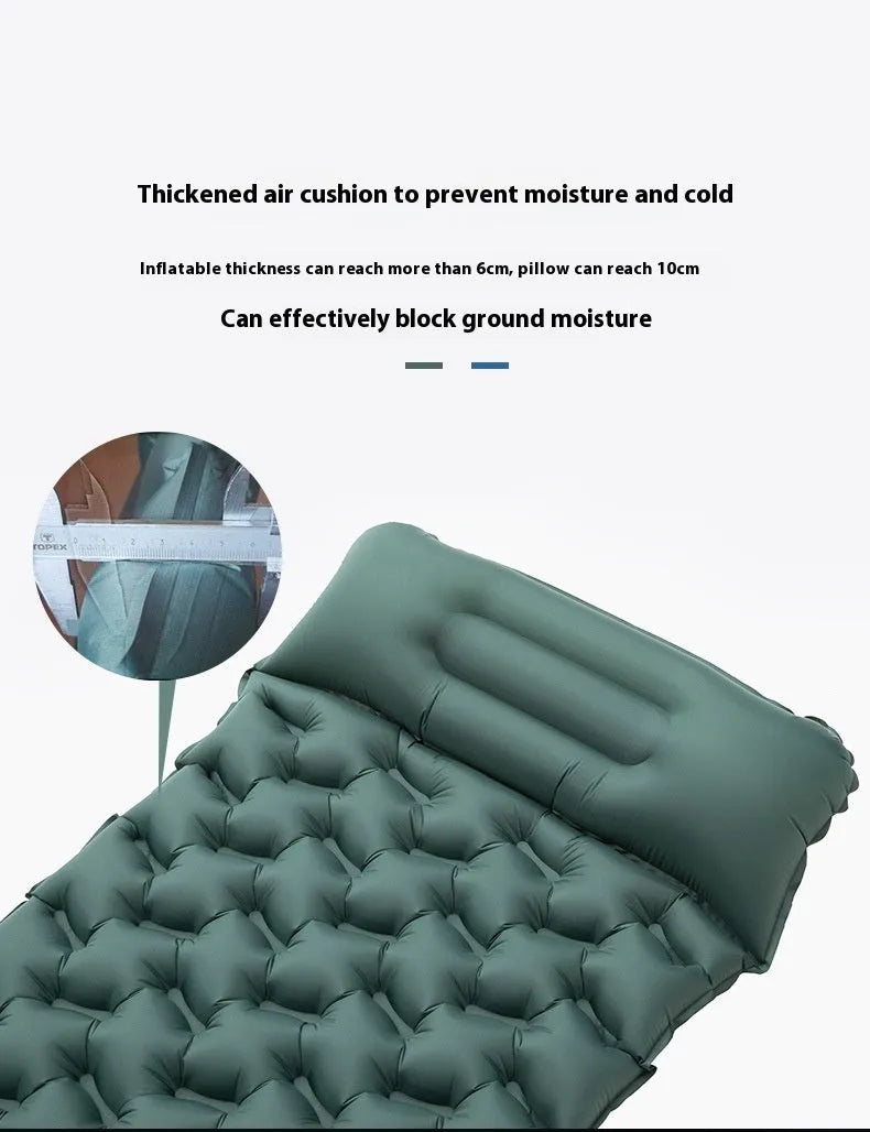 Honeycomb pattern inflatable camping mattress in blue or green colour options