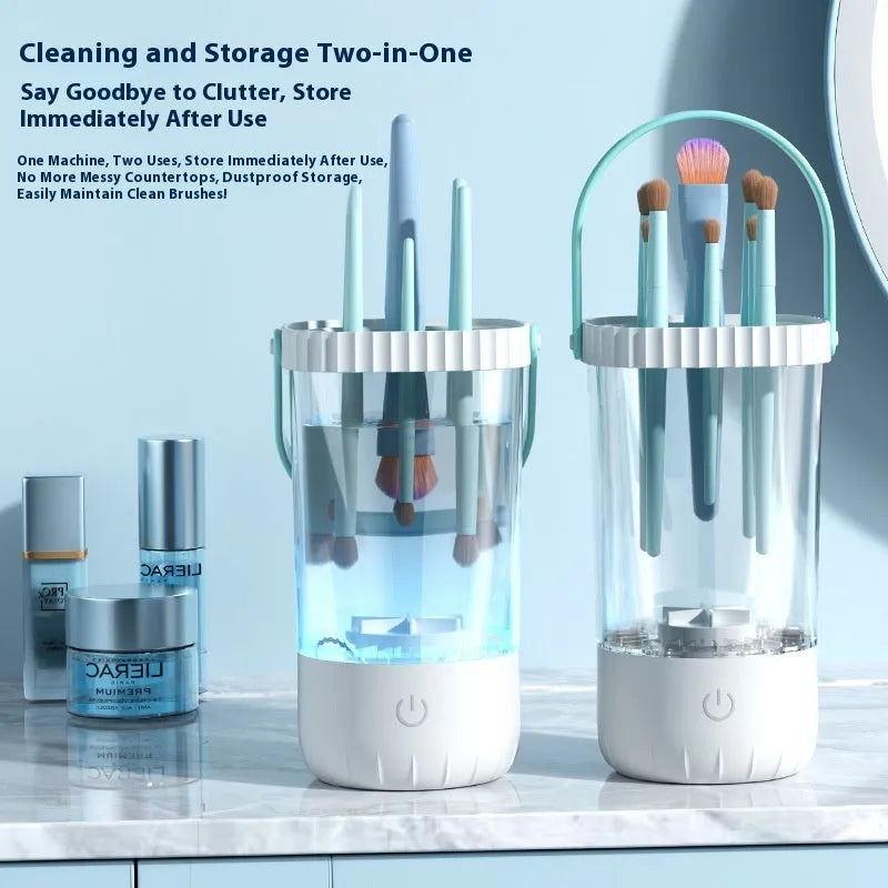 White rechargeable electric makeup brush cleaner with USB cable measuring 24x10x11cm