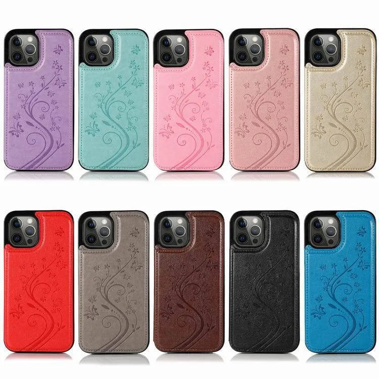 Butterfly embossed leather phone case, rear cover style, available in light purple, mint green, pink, and other colours.
