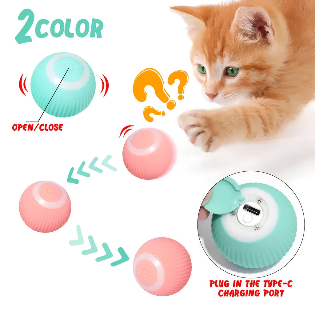 Green automatic rotating ball cat toy with intelligent obstacle avoidance, shown on a hard floor.