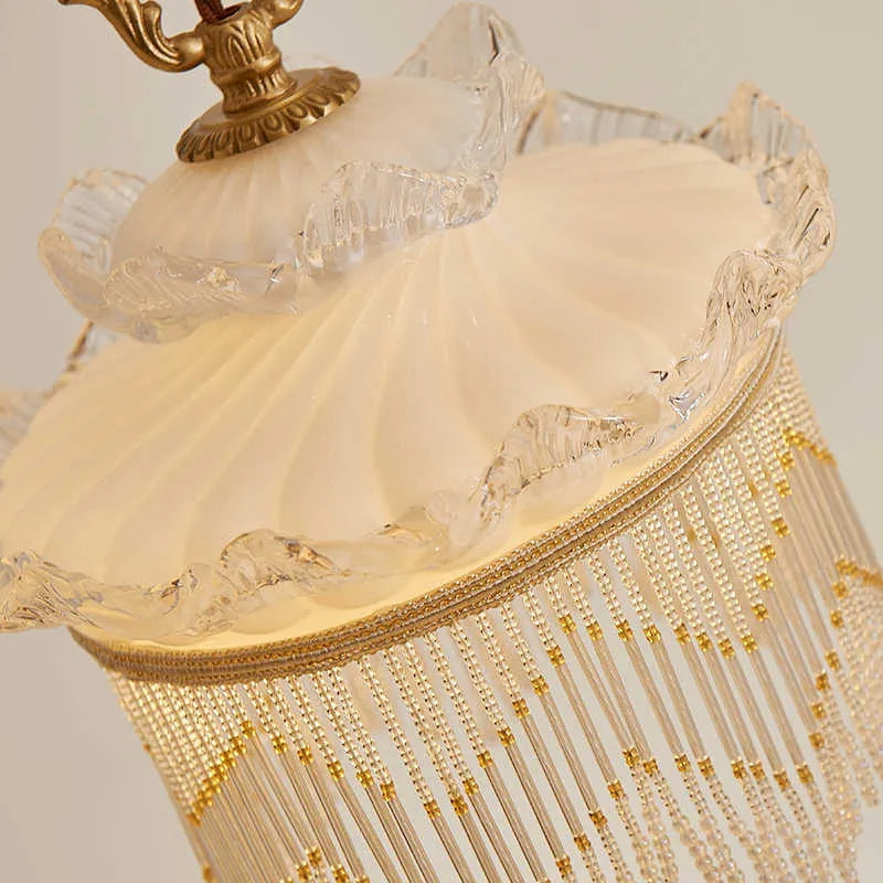 Tassel glass chandelier with copper lamp body, glass lampshade, and LED light source for dining room or bedroom
