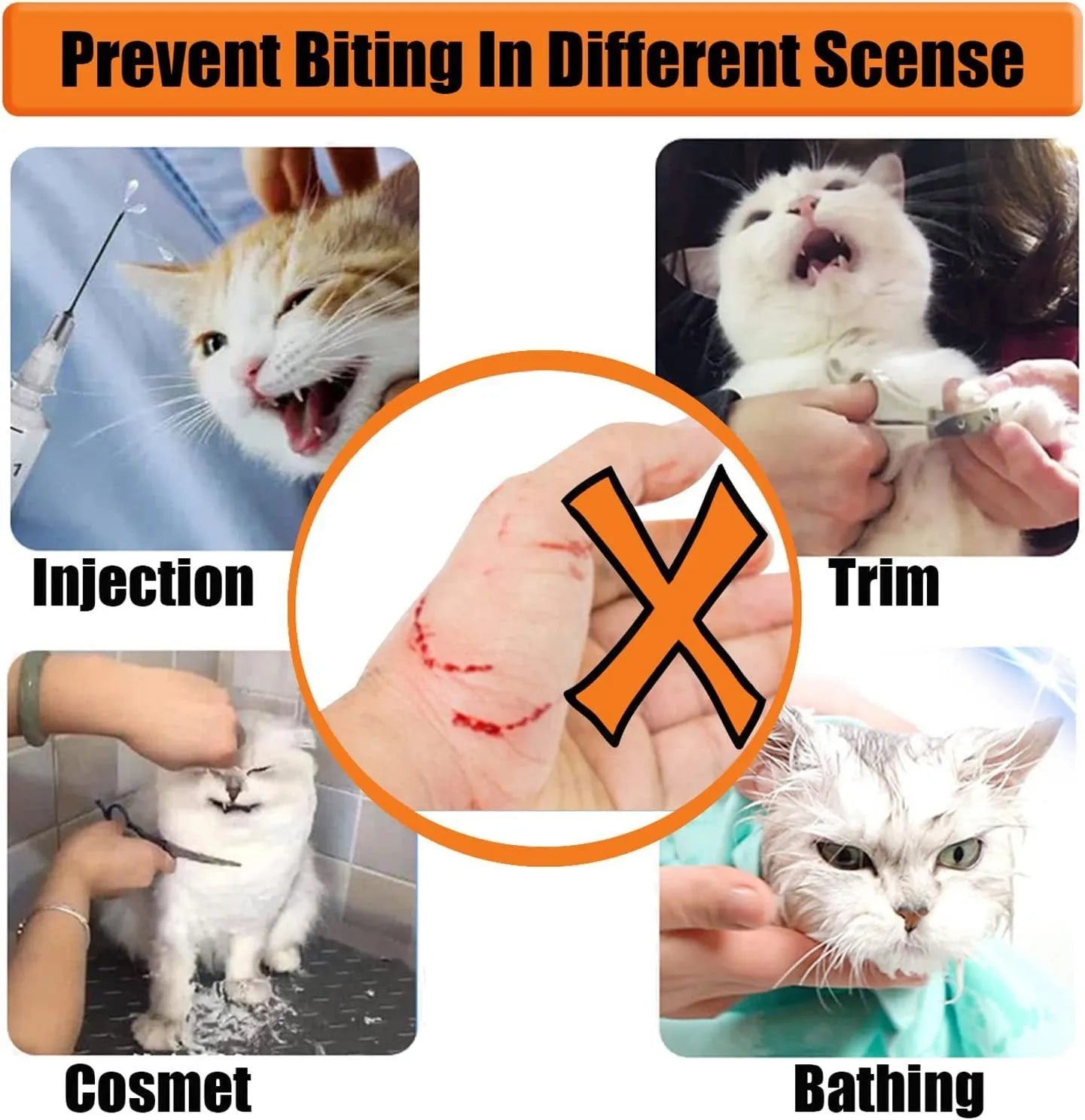 Transparent PVC and cotton cat muzzle shown on a pet, with visible breathing hole.