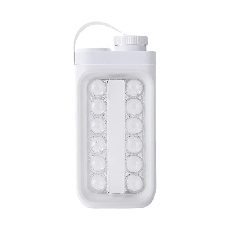 Light blue and white 2-in-1 ice ball tray and portable cold water bottle kitchen gadget.